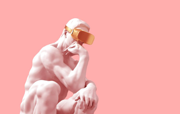 Sculpture Thinker With Golden VR Glasses Over Pink Background. 3D Illustration.